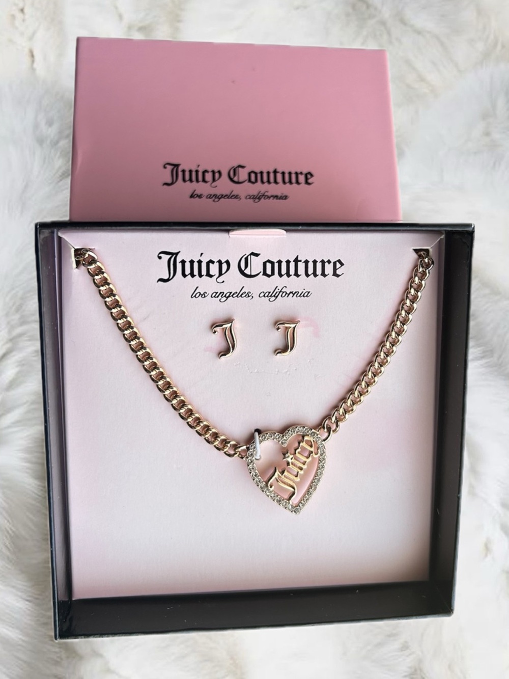 Juicy Couture Gold-Tone Heart Logo Necklace & 'J' Stud Earrings with Pink Box